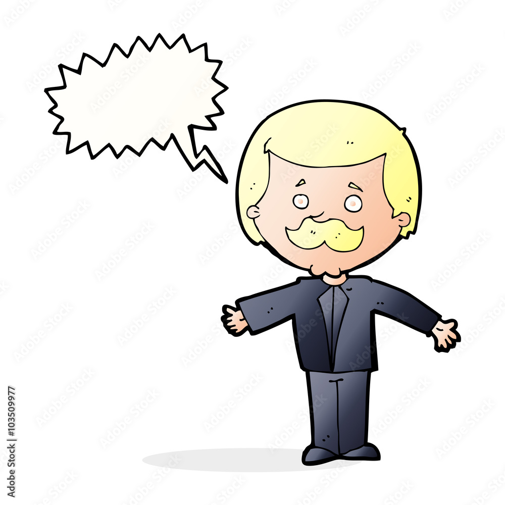 cartoon mustache man with open arms with speech bubble cartoon mustache man with open arms with speech bubble