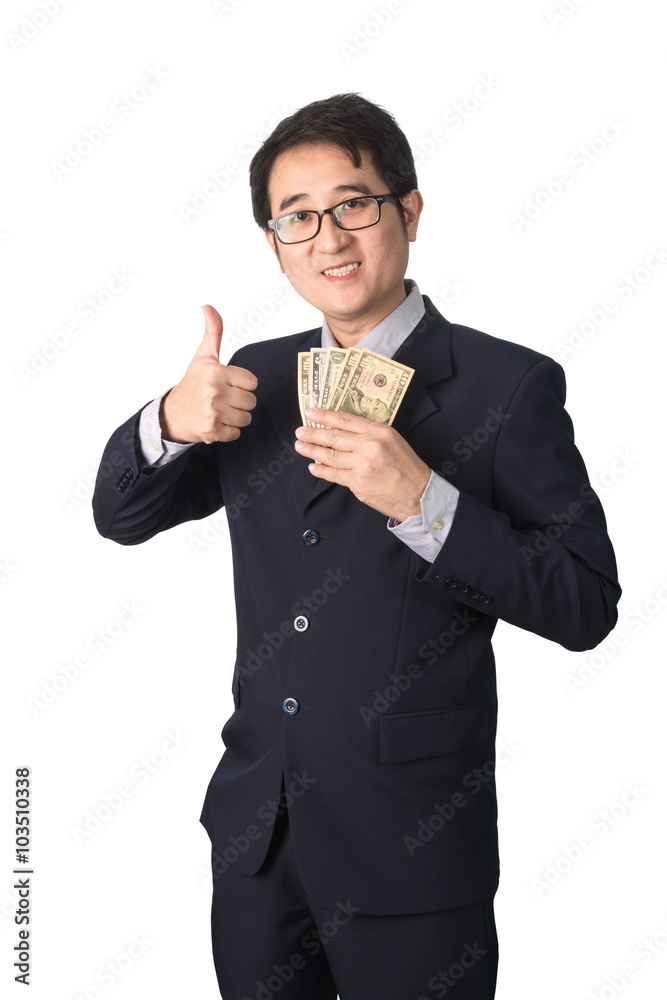 Success Asian businessman holding dollar money and making thumb Success Asian businessman holding dollar money and making thumb