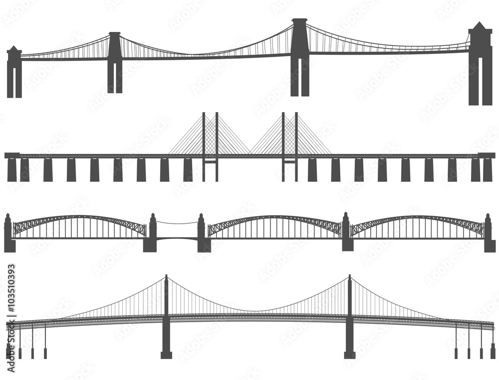 Fototapeta premium Horizontal black silhouettes of different bridges.