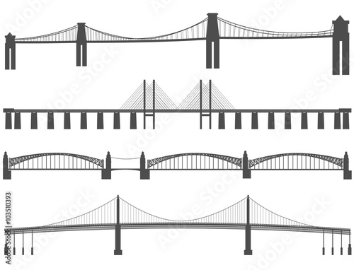 Horizontal black silhouettes of different bridges.