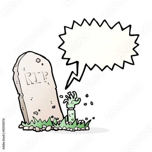 cartoon zombie rising from grave with speech bubble