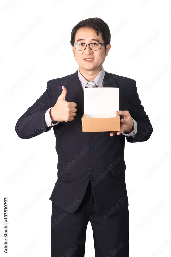 Asian businessman giving and carrying parcel, cardboard box, giv Asian businessman giving and carrying parcel, cardboard box, giv