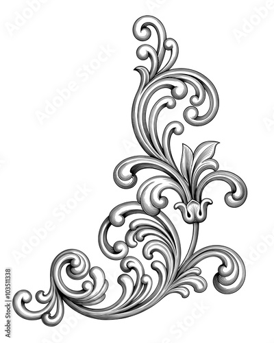 Vintage Baroque Victorian frame border monogram floral engraved scroll ornament leaf retro flower pattern decorative design tattoo black and white filigree calligraphic vector heraldic shield swirl
