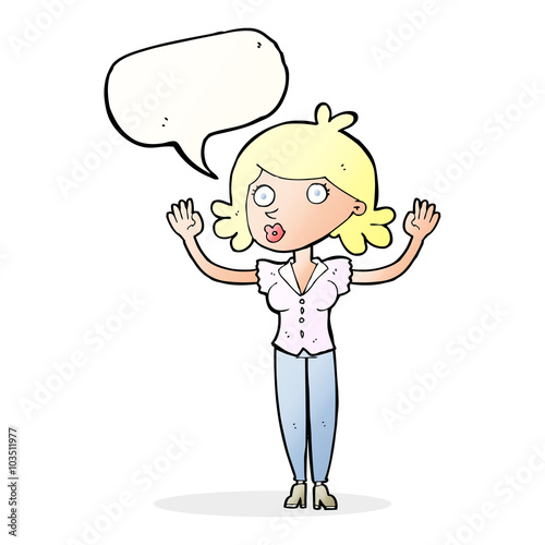 cartoon woman surrendering with speech bubble