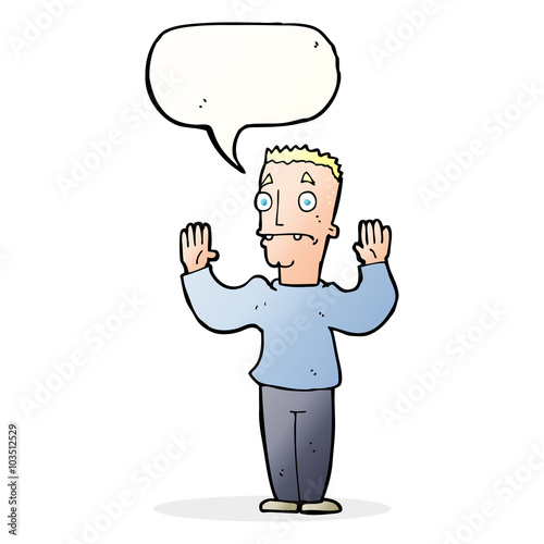 cartoon man surrendering with speech bubble