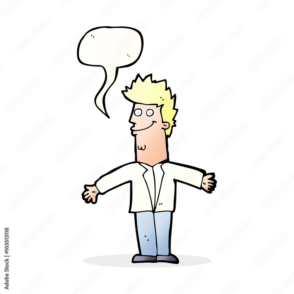 cartoon happy man with open arms with speech bubble cartoon happy man with open arms with speech bubble