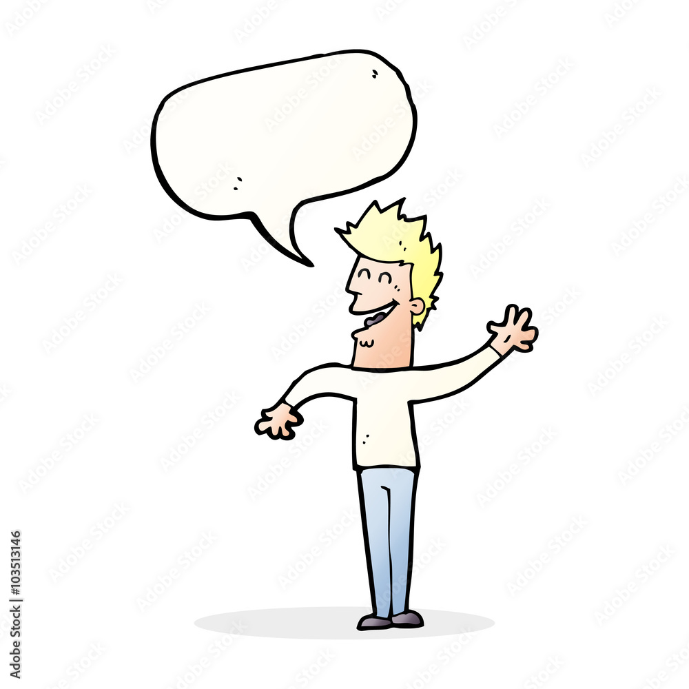 cartoon happy man waving with speech bubble cartoon happy man waving with speech bubble