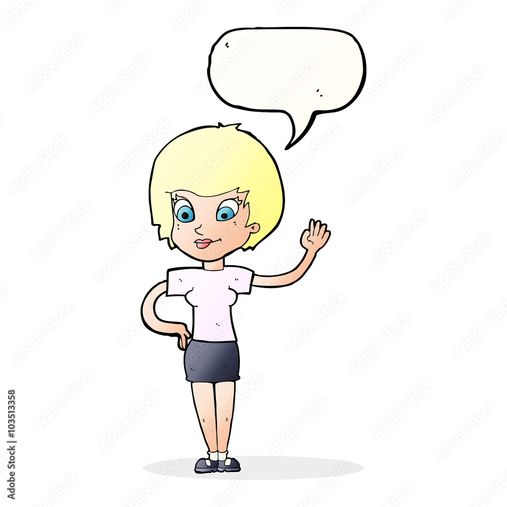 cartoon woman waving with speech bubble cartoon woman waving with speech bubble