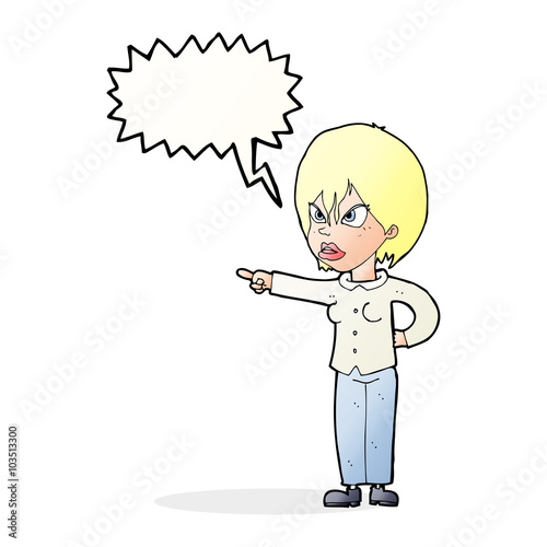 cartoon woman accusing with speech bubble