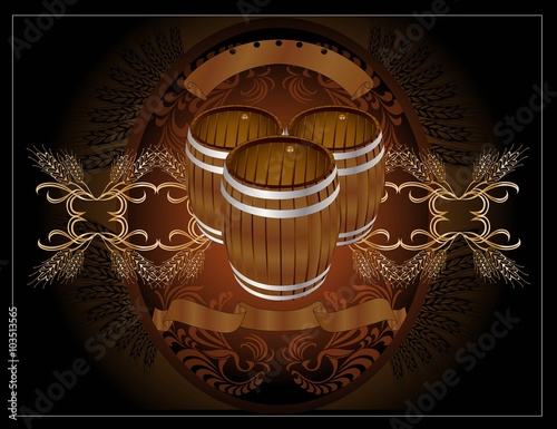 beer background with barrels and grain pattern