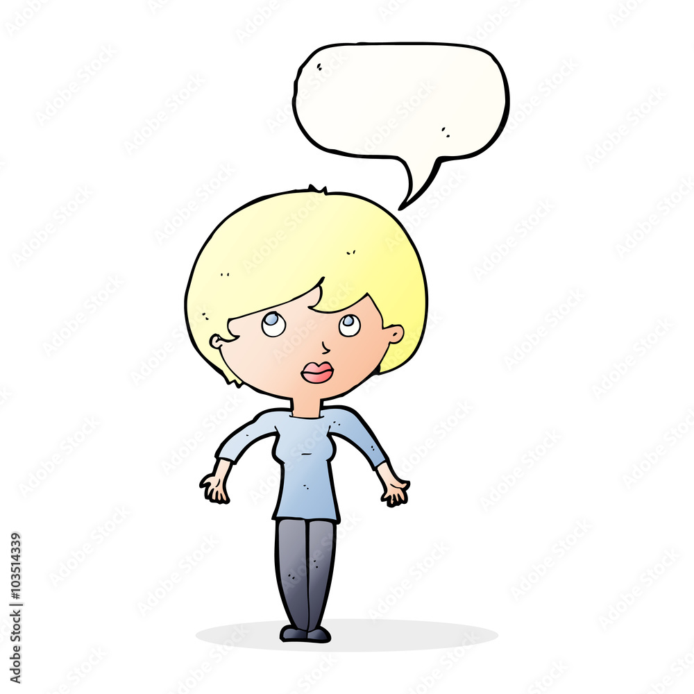 cartoon woman shrugging shoulders with speech bubble cartoon woman shrugging shoulders with speech bubble