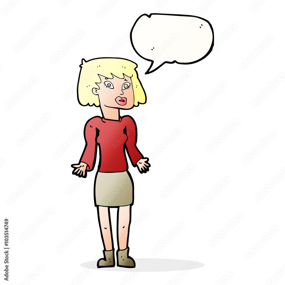 cartoon woman shrugging shoulders with speech bubble cartoon woman shrugging shoulders with speech bubble