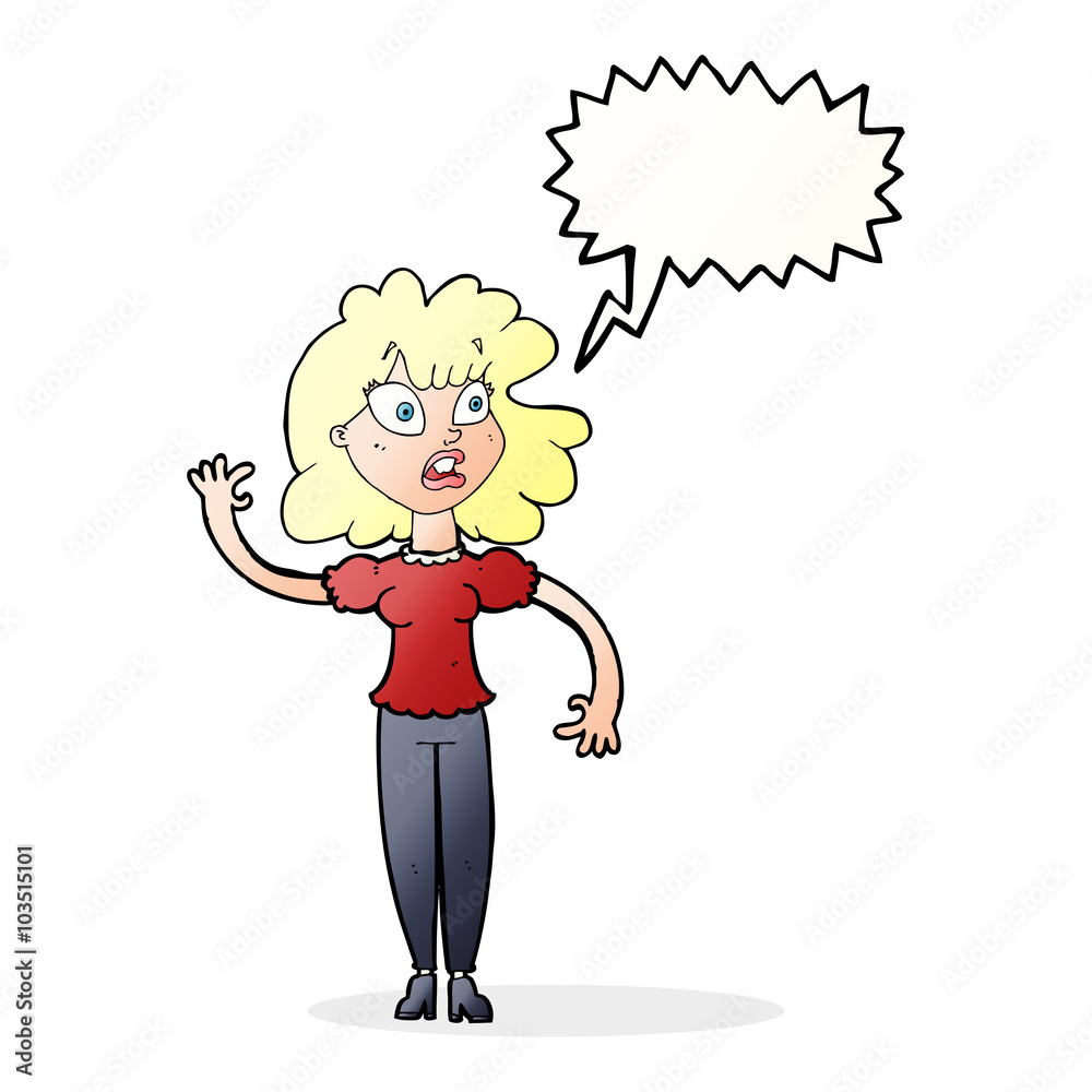 cartoon worried woman waving with speech bubble cartoon worried woman waving with speech bubble