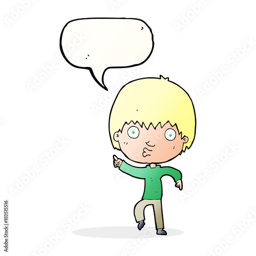 cartoon impressed boy pointing with speech bubble