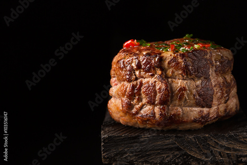 Photography Grilled Steak Meat on the wooden surface