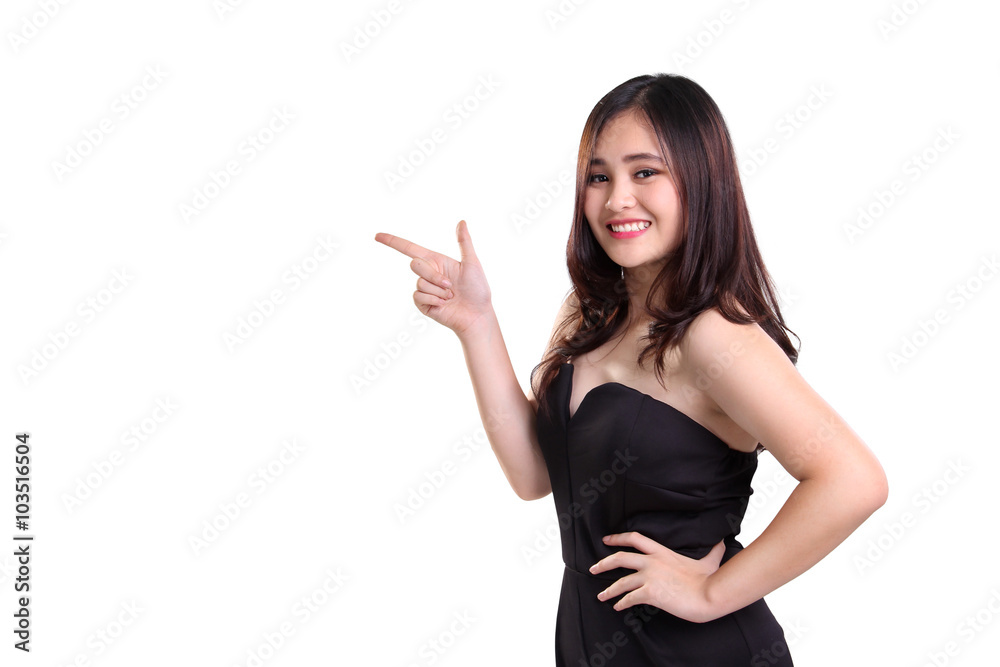 Stylish woman pointing finger at copy space Stylish woman pointing finger at copy space