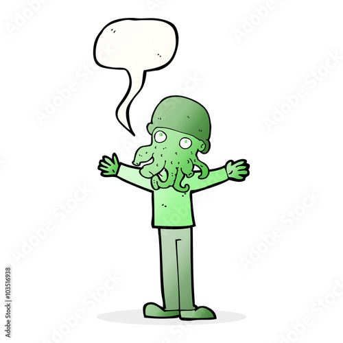 cartoon alien squid face man with speech bubble