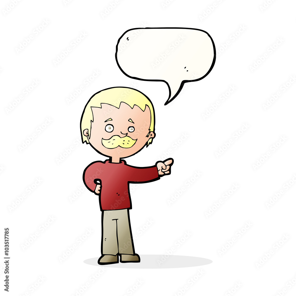 cartoon man with mustache pointing with speech bubble