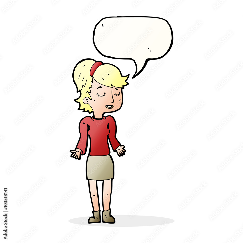 cartoon woman shrugging shoulders with speech bubble cartoon woman shrugging shoulders with speech bubble