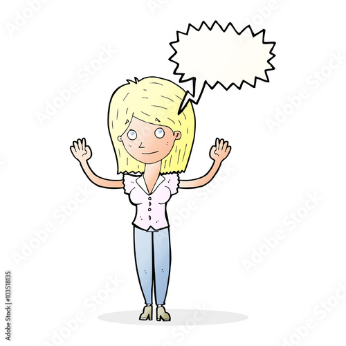 cartoon woman holding up hands with speech bubble