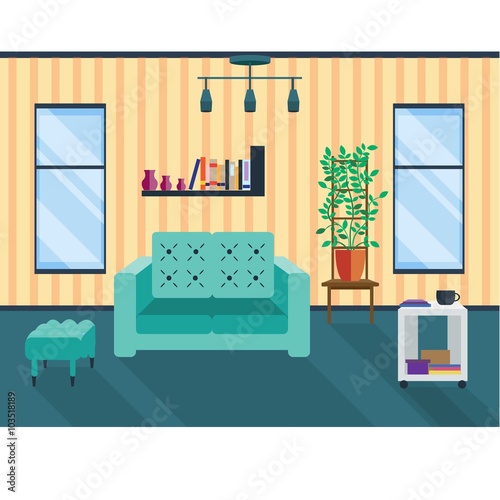 Living room with two windows. Comfortable hall. Vector home interior in flat design. Sofa and lamp, bookcase and coffee table, ottoman and potted plant