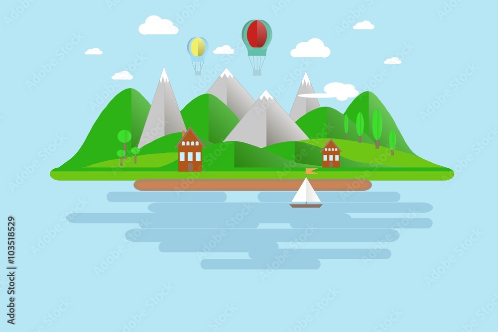 Naklejka premium Islands, green hills, grey mountains with white peaks, blue skies, water, trees, balloons, boat sails, home, white clouds, shade. Modern flat design, background design element vector