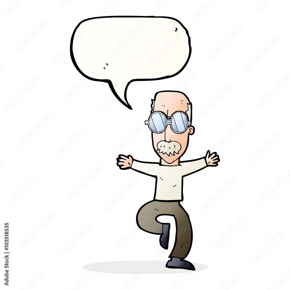 cartoon old man wearing big glasses with speech bubble