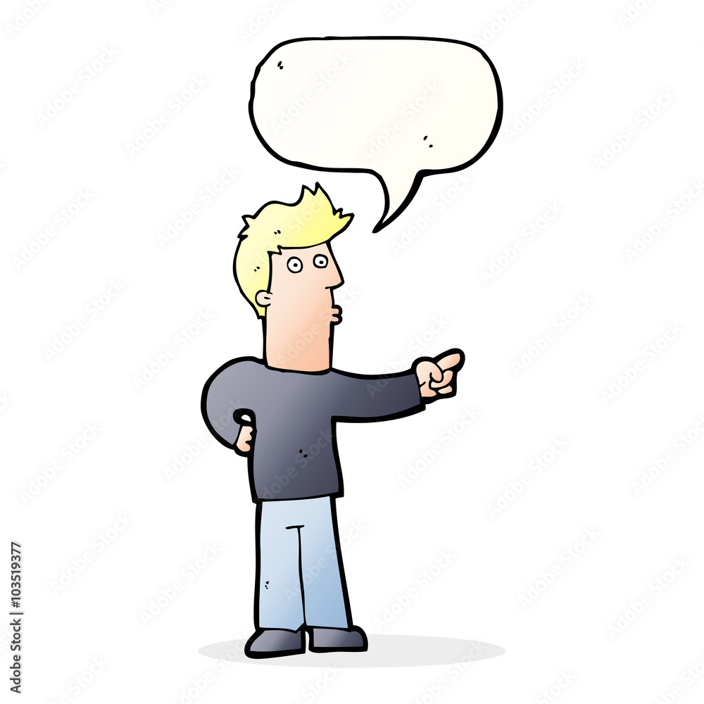 cartoon curious man pointing with speech bubble