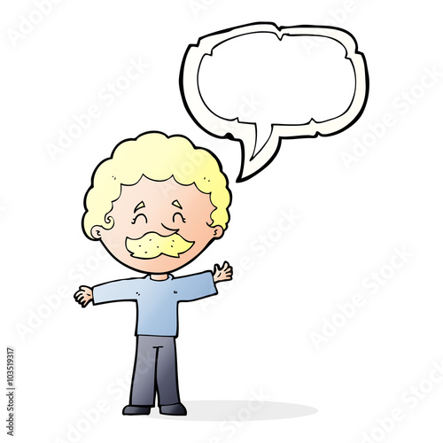 cartoon boy with mustache with speech bubble