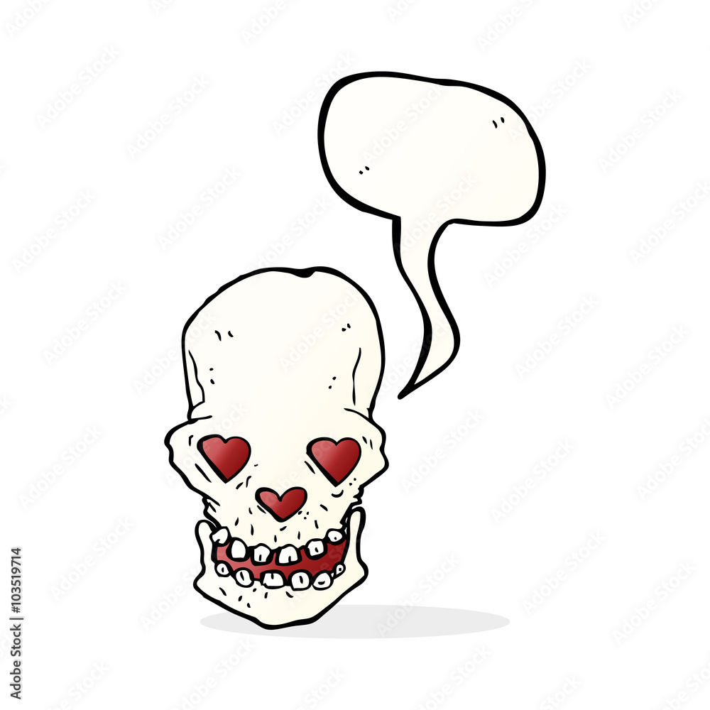 cartoon skull with love heart eyes with speech bubble