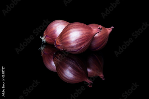 Three shallot onions with shell on black background with reflection from side