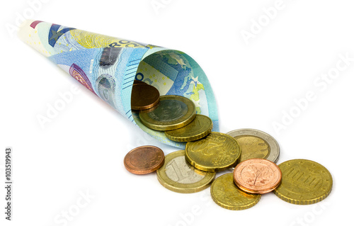  Euro banknote and coins on white background