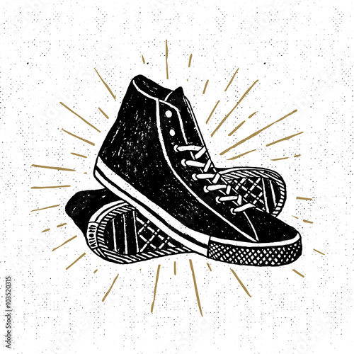 Hand drawn textured vintage icon with sneakers vector illustration.