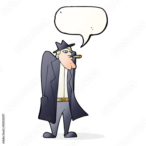 cartoon man in hat and trench coat with speech bubble