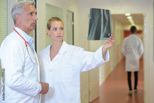 Medical staff looking at xray