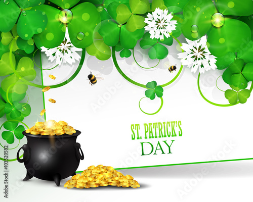 St. Patrick's Day poster with pot of gold and clover.