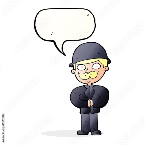 cartoon man in bowler hat with speech bubble