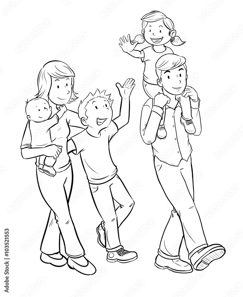 dibujo blanco y negro a linea de Familia unida paseando alegremente padre  madre e hijos ilustración de Stock | Adobe Stock