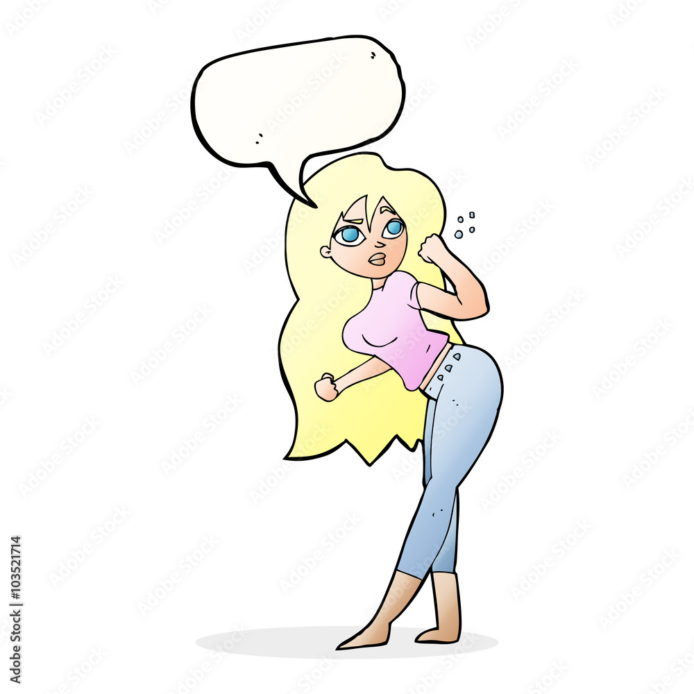 cartoon woman raising fist with speech bubble cartoon woman raising fist with speech bubble
