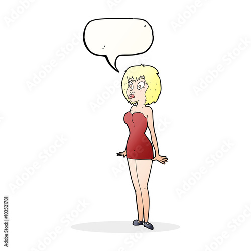 cartoon surprised woman in short dress with speech bubble