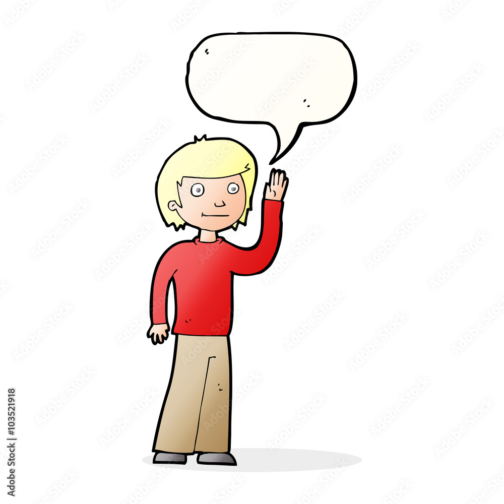 Fototapeta premium cartoon friendly boy waving with speech bubble