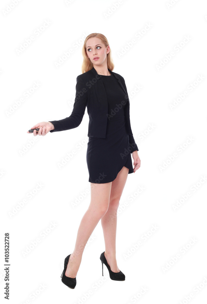 Full length portrait of an attractive professional woman wearing black dress suite and heels, isolated on a white background. Full length portrait of an attractive professional woman wearing black dress suite and heels, isolated on a white background.