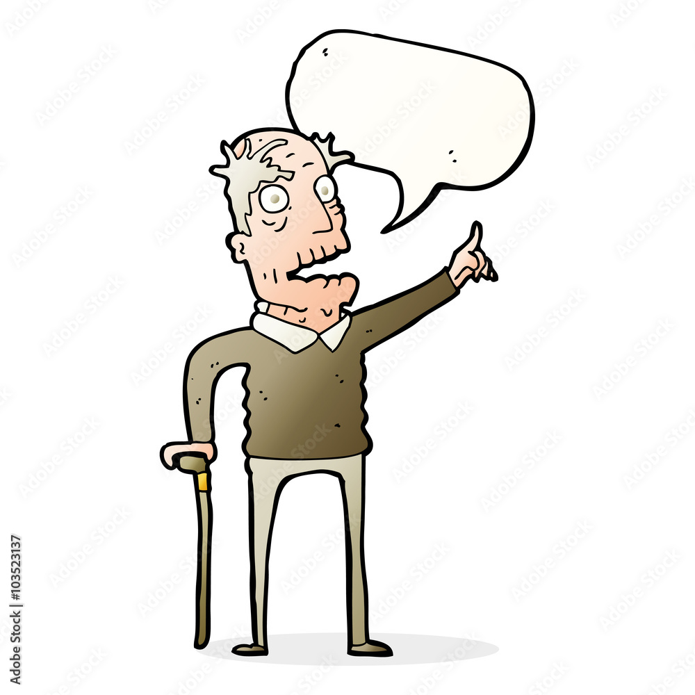 cartoon old man with walking stick with speech bubble cartoon old man with walking stick with speech bubble