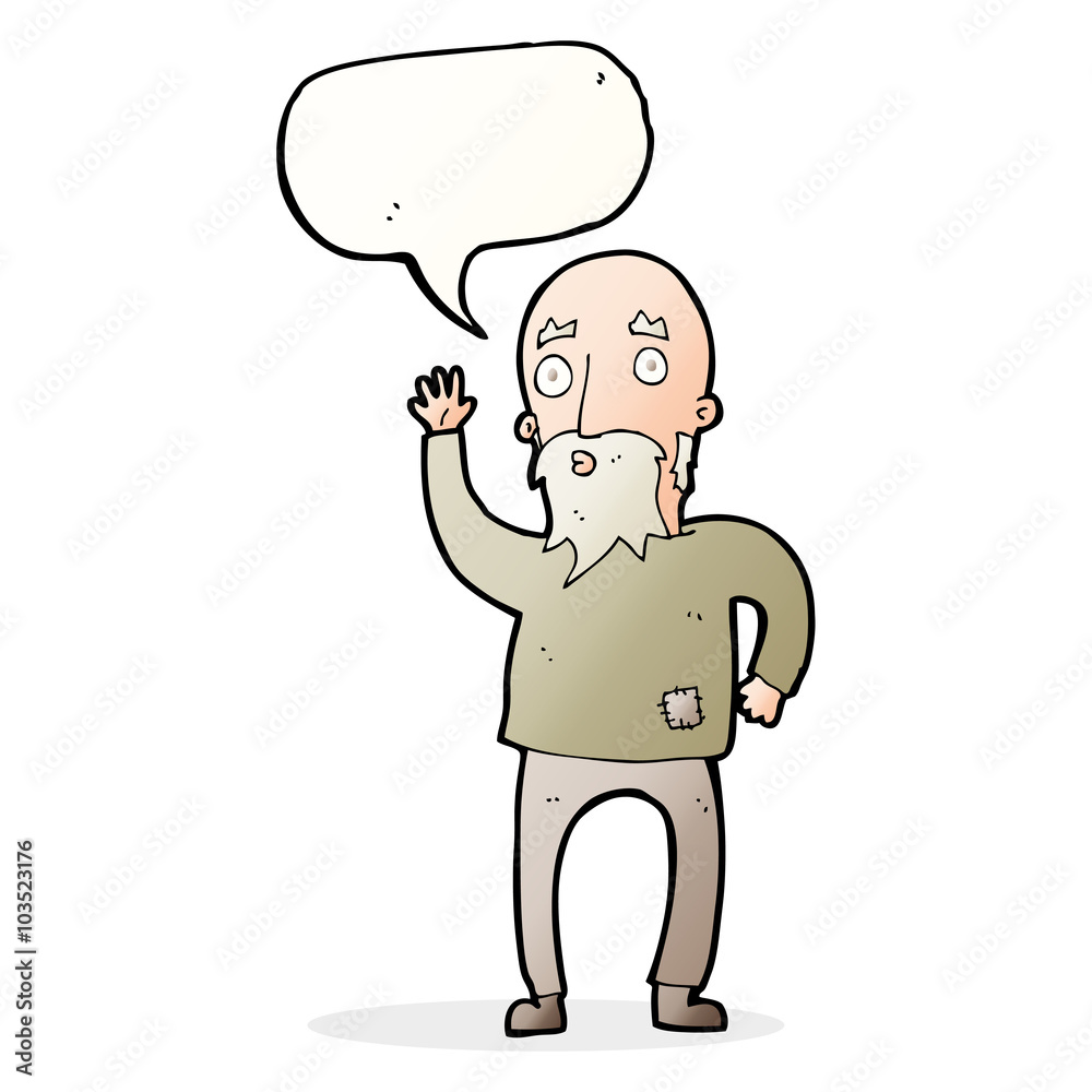 cartoon old man waving with speech bubble