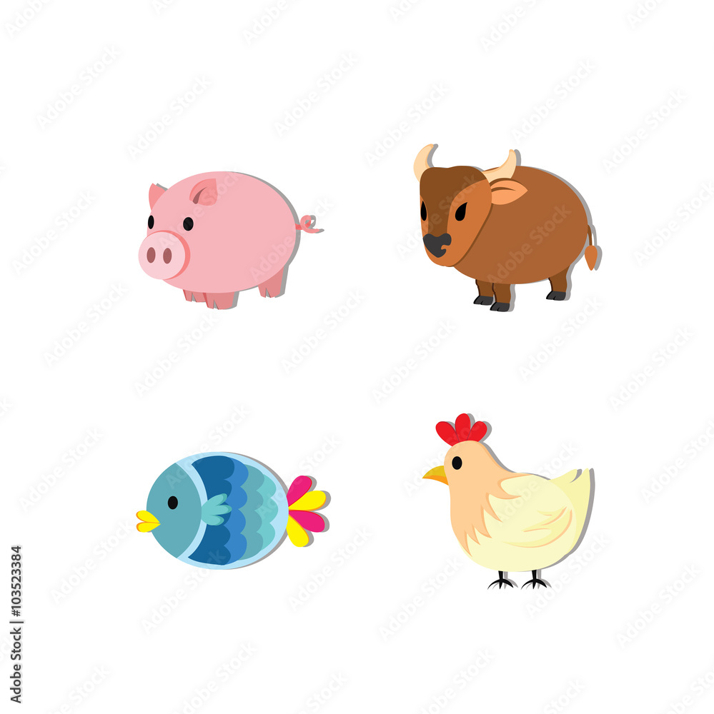 Set of cow, fish, chicken and pig Set of cow, fish, chicken and pig