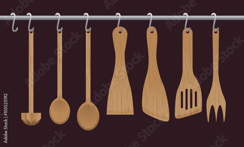 A collection of wooden kitchen utensils hanging on the chromed bar. Illustration