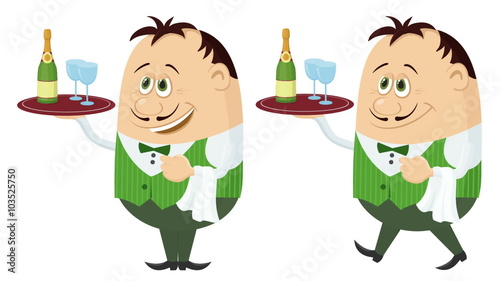 Fullhd 1920x1080 Progressive Seamlessly Looping Video, Waiters, Cartoon Characters in Uniform with Champagne and Glasses on Trays, Coming to Serve Clients. Animated Elements. Alpha Matte Included