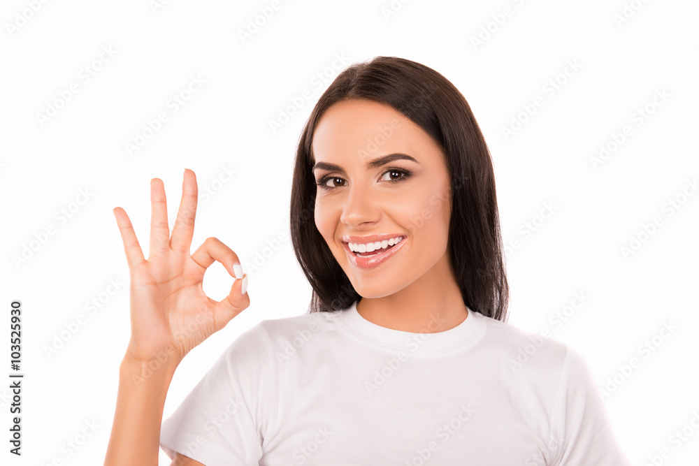 Cheerful happy girl in white shirt gesturing Cheerful happy girl in white shirt gesturing