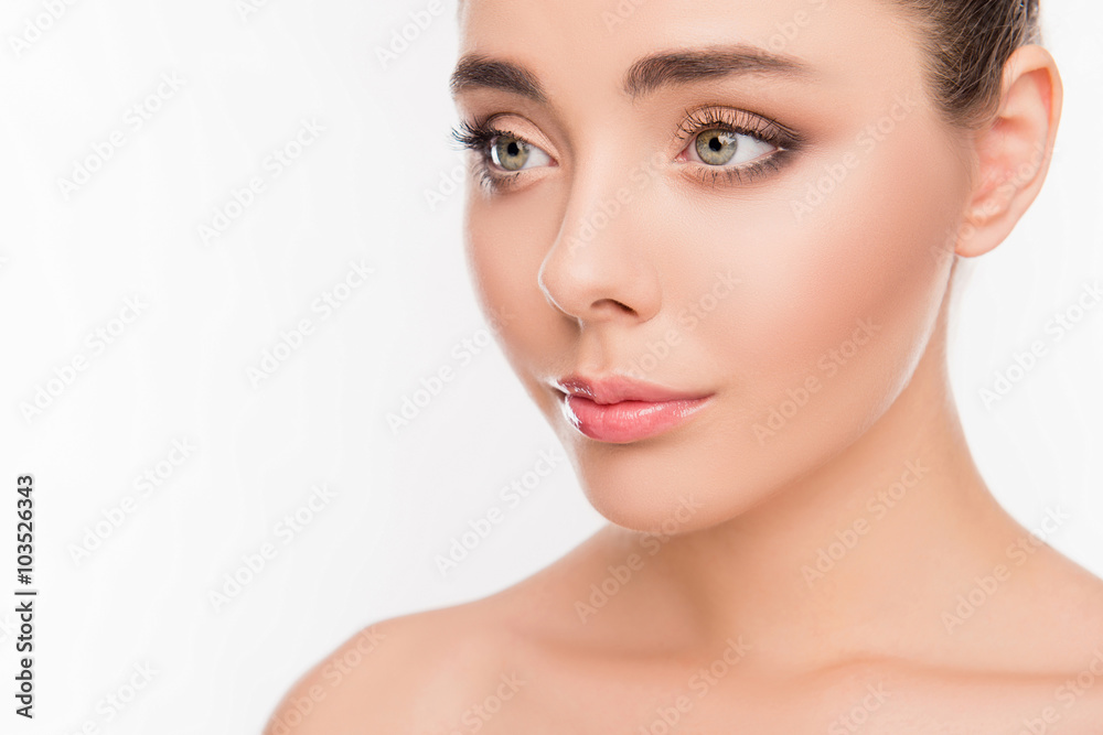 Close up portrait of pure sensitive girl isolated on white backg Close up portrait of pure sensitive girl isolated on white backg