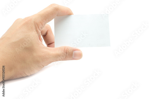 Business card hold in hand on white background 